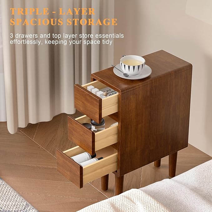 Narrow Nightstand with 3 Drawers Narrow Night Stand Solid Wood Bedside Table