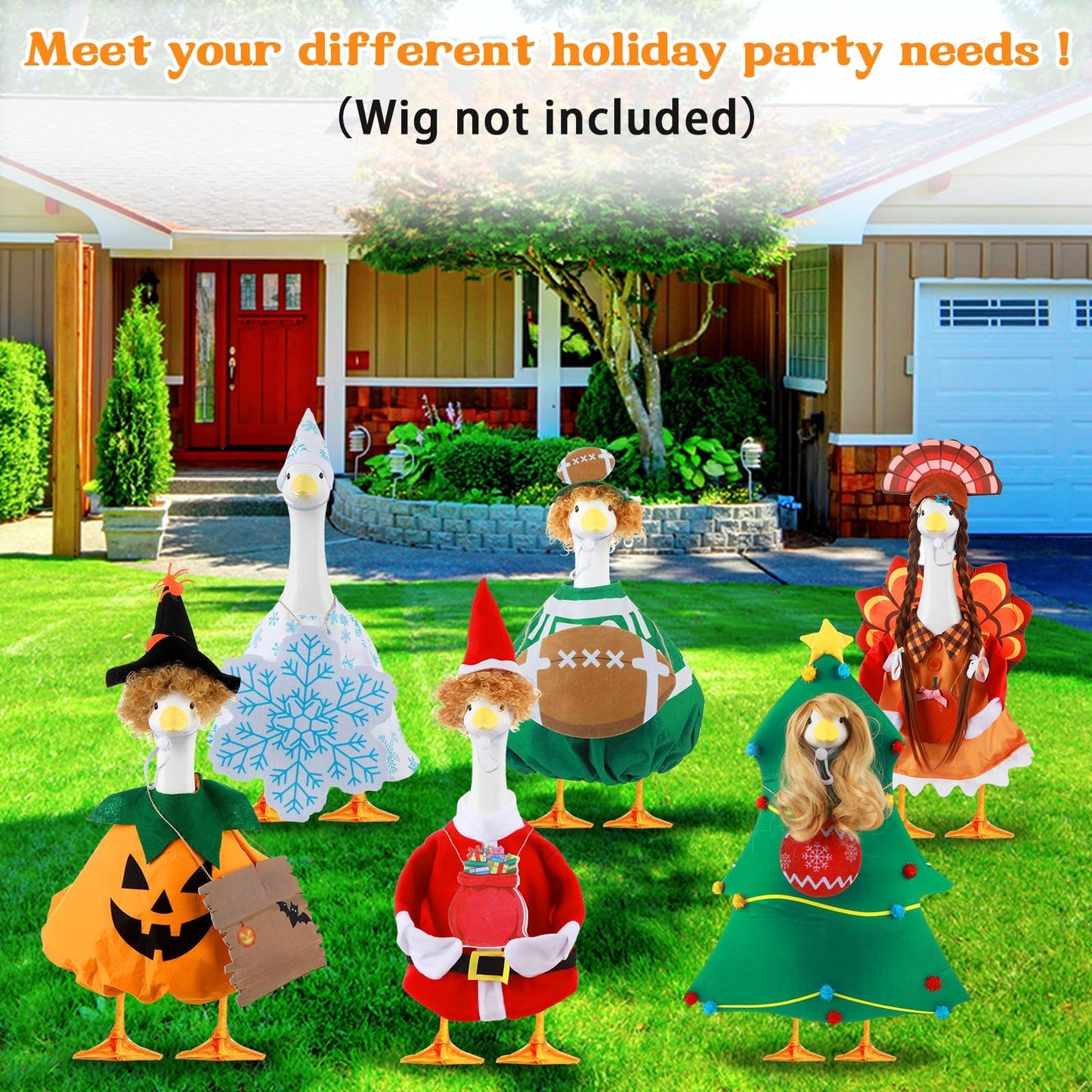 6 Set Seasonal Holiday Porch Goose Outfits Hanging Decor All Seasons Winter Christmas Football Goose Costume Fit for 23" Geese Statue Thanksgiving Halloween Outdoor Yard Garden Patio Lawn Art Decor
