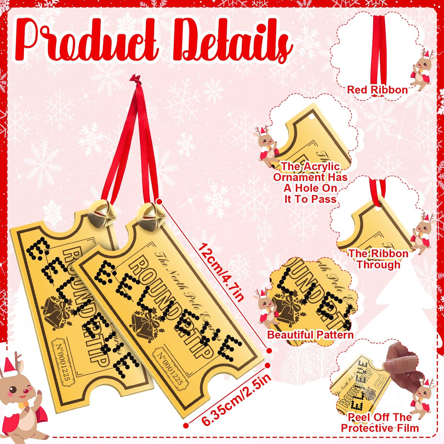25 Pack Christmas Polar Golden Tickets Bulk Set Include 12 Pcs 4.7" x 2.5" Acrylic Golden Tickets 12 Believe Bells 1 Roll Red Ribbon North Pole Believe Train Ticket Christmas Tree Hanging Ornaments