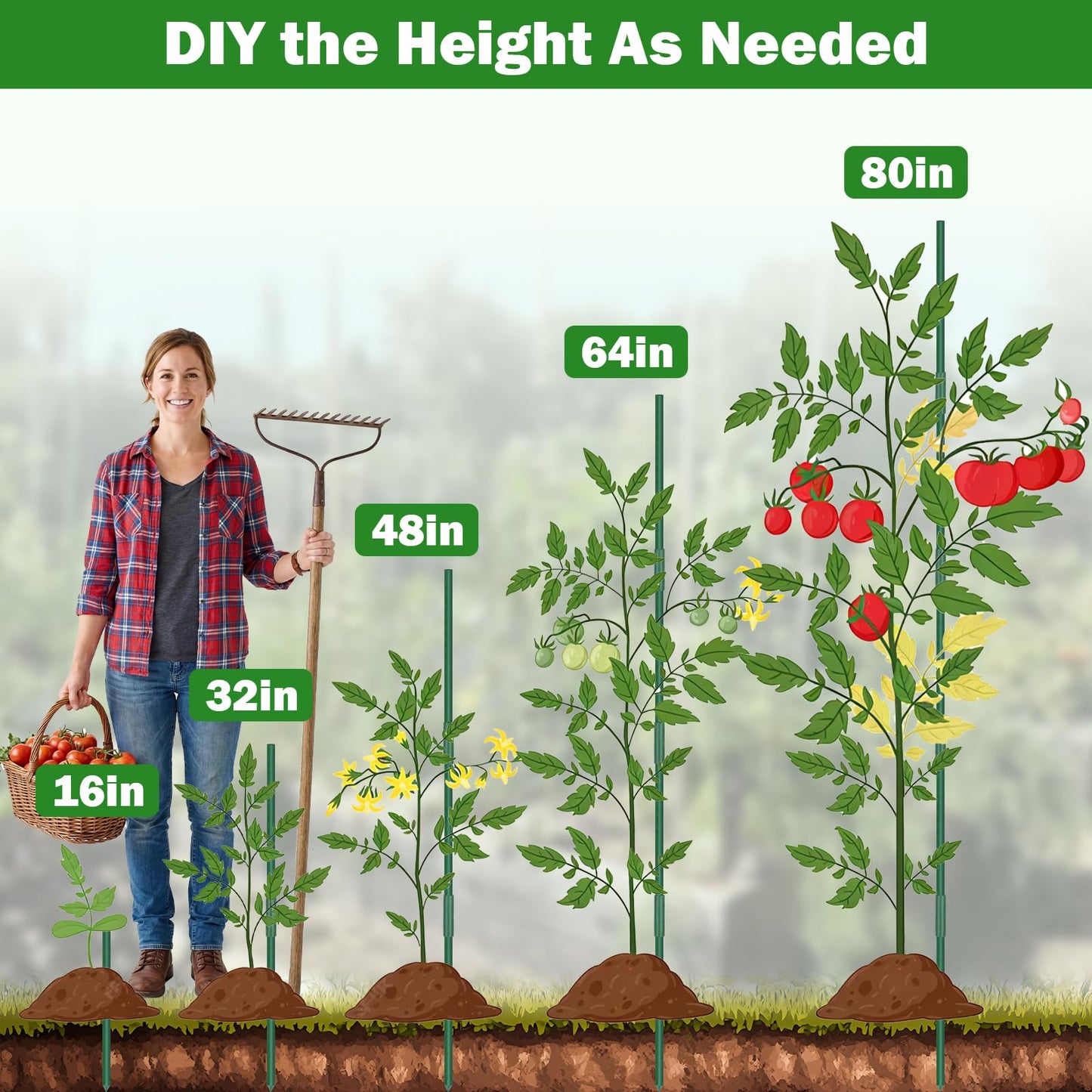 Tegarbed Garden Stakes 70 Pack, 16 Inch Plastic Coated Metal Tomato Stakes, DIY 4ft 5ft 6ft 7ft Plant Support Stakes with 40 Connectors 30 Rotatable Clips 30 Plant Clips for Indoor Outdoor Vegetables