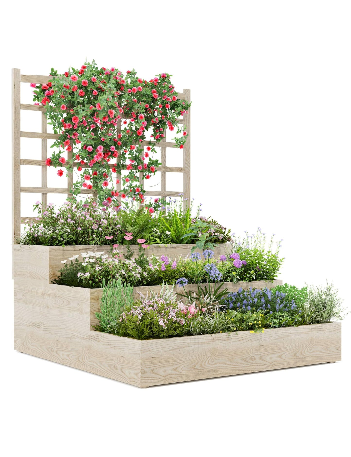 GarveeLife 3-Tier Raised Garden Bed,Wooden Vertical Planters with Trellis & Open-Ended Base for Climbing Plants Vines Flower Herb Vegetable Fruit,Outdoor Planter Boxes for Patio Yard Lawn