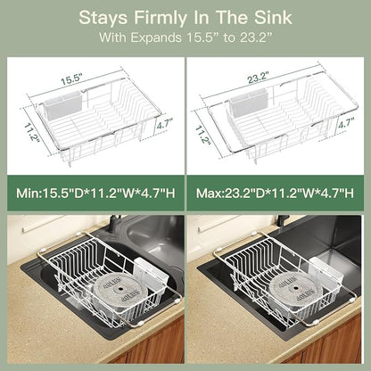 MAJALiS White Dish Drying Rack Over The Sink with Utensil Holder, Mat | Expandable Stainless Steel Dish Drainer for Small Kitchen, Apartment, RV, Counter Space Saving, Perfect Fit, Rustproof