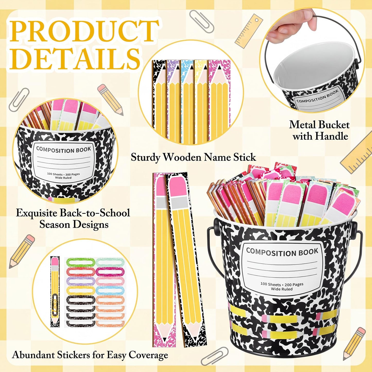 ReliThick 101 Pcs Compositoin Notebook Flip Name Sticks with Metal Buckets Back to School Talking Sticks with Metal Holder Set for Classroom Management Tool Teacher Essentials Educational Activities