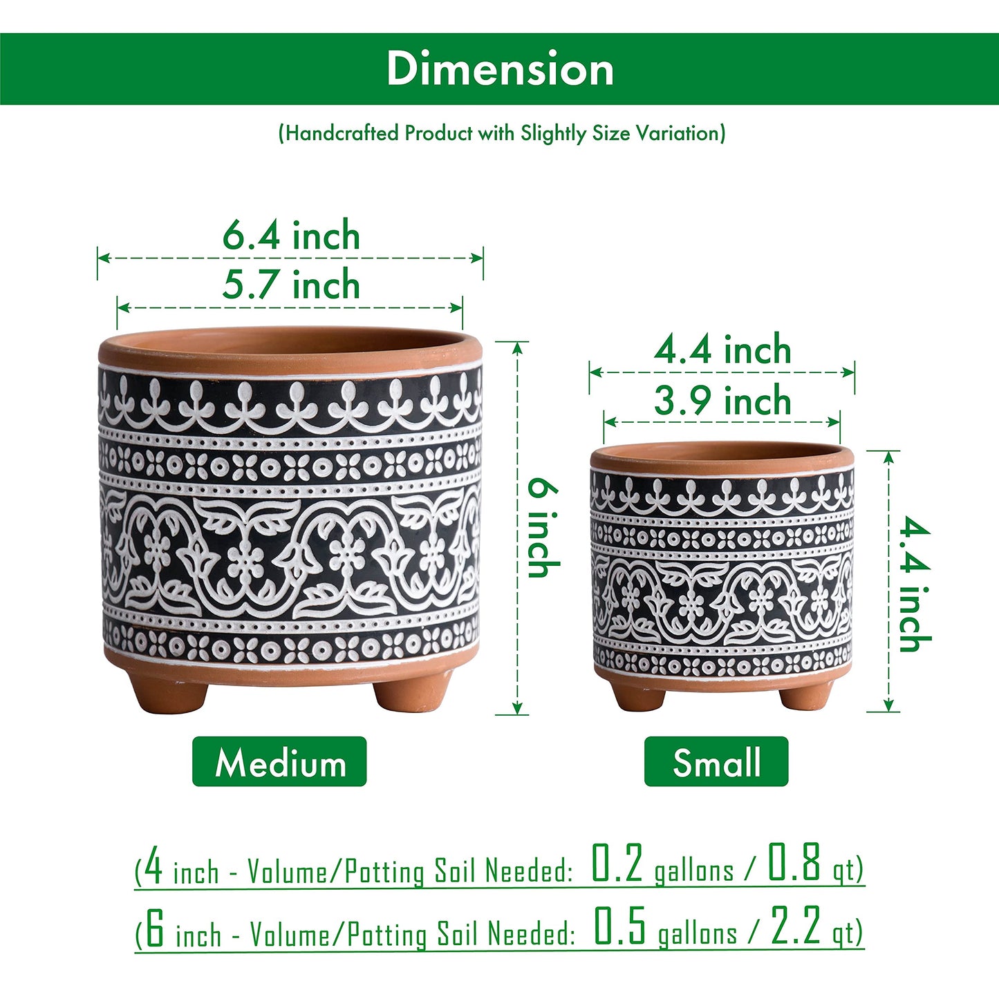 D'vine Dev Set of 2 Terracotta Planter Pots, 4 Inch & 6 Inch, Design Plants Pot with Drainage Hole, Midnight Lace, Terracotta/Black, 31-953-F-2