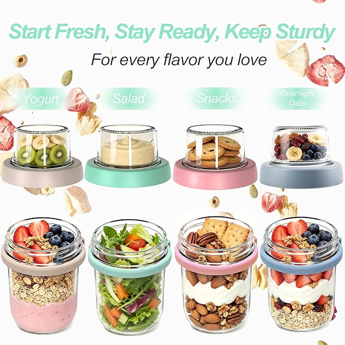 PFUM Overnight Oats Jars with Spoon and Lid 16+4 oz [4 Pack], Airtight Oatmeal Container with Leak-proof Meal Prep Containers Dry and Wet Separation Mason Jars with Lid for Cereal