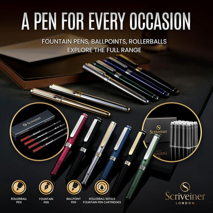 Scriveiner Personalized Midnight Blue Pen - Stunning Blue Lacquer Luxury Pen, Chrome Finish, German Schmidt Nib (Medium), Best Engraved Fountain Pen Gift Set for Men & Women, Name Engraving