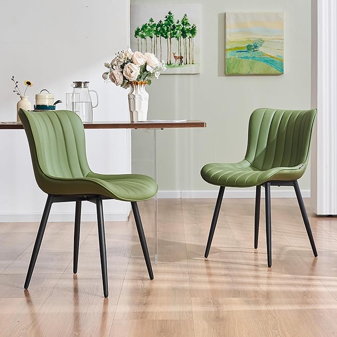 YOUNUOKE Mid-Century Modern Dining Chairs Set of 2, Olive Green Faux Leather