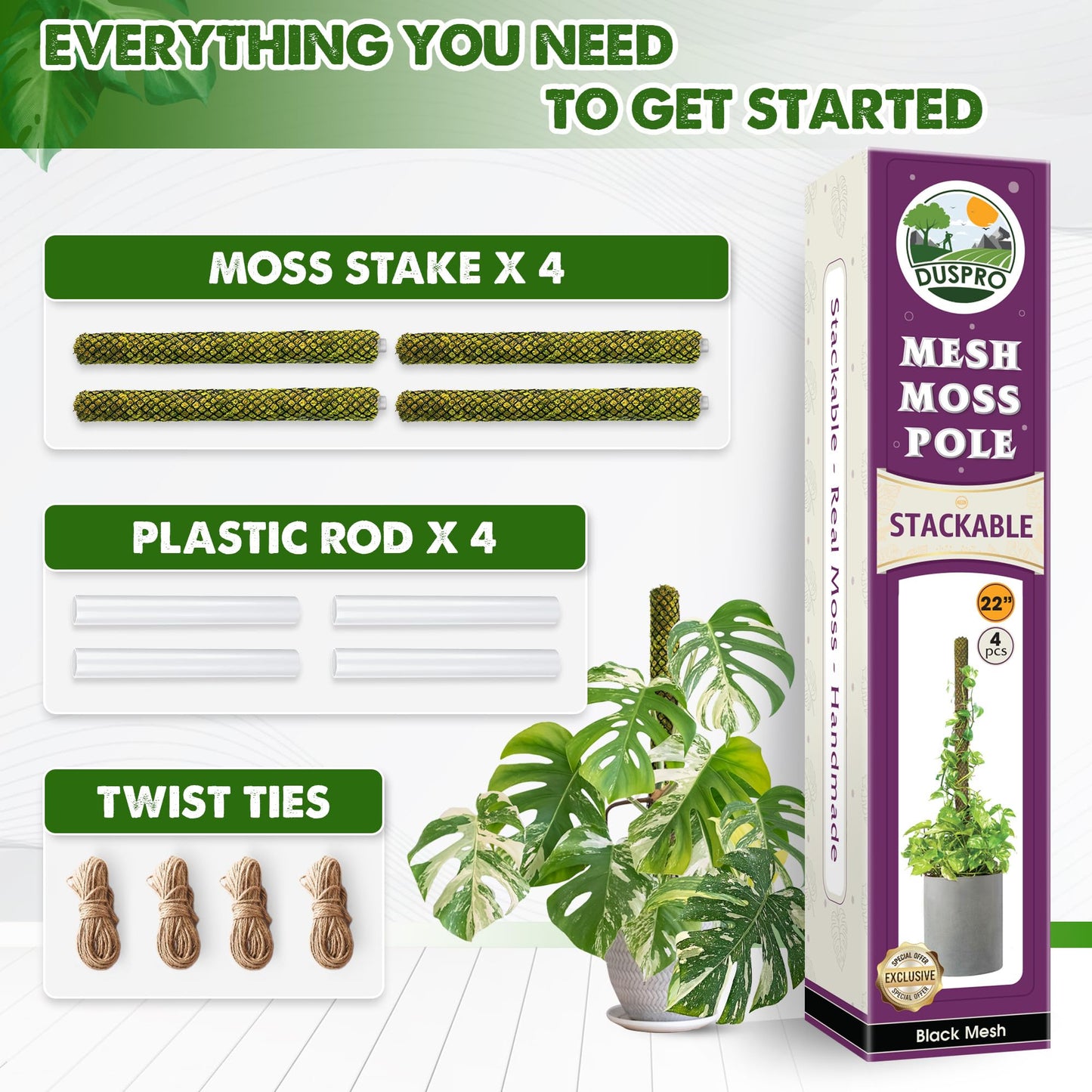 DUSPRO 4 Pack 22" Black Stackable Mesh Moss Pole for Plants – Extendable Up to 71", Natural Forest Moss Pole Monstera Plant Support, Moss Stick for Climbing Plants, Indoor Plant Stakes Accessories