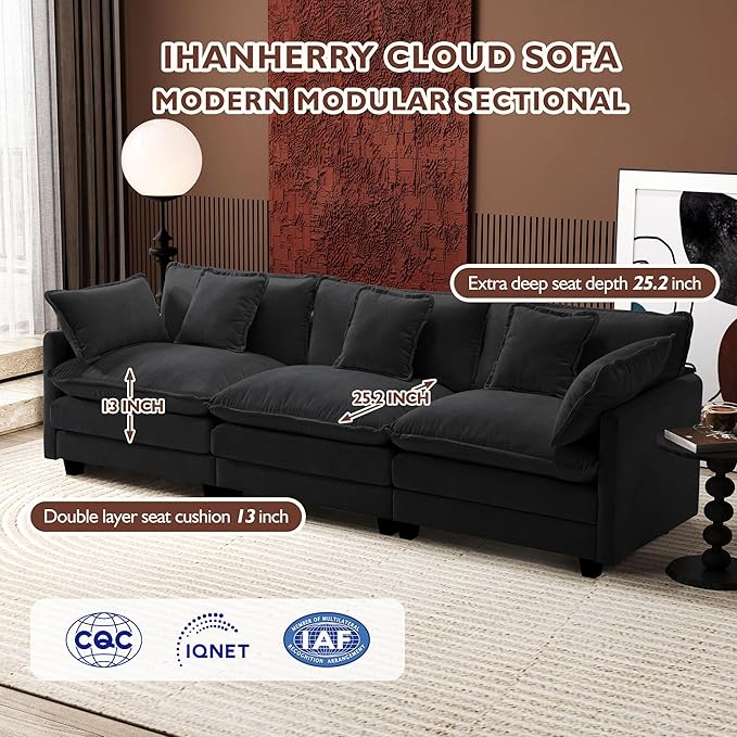 Ihanherry 111.4 Inch 3-Seater Cloud Sofa, Modular Sectional Couch, Modern Deep