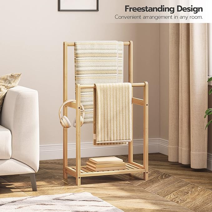 HOOBRO Freestanding Towel Rack for Bathroom, 2 Tier Decorative Bamboo Blanket