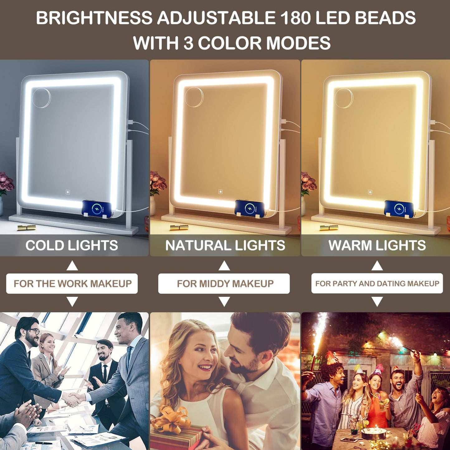 Makeup Vanity Mirror with Lights 15.2" Large LED Lighted Mirror, Hollywood Make Up Mirror with Lighting for Bedroom Tabletop, Smart Touch,Detachable 10X Magnification 360° Rotation, (White)