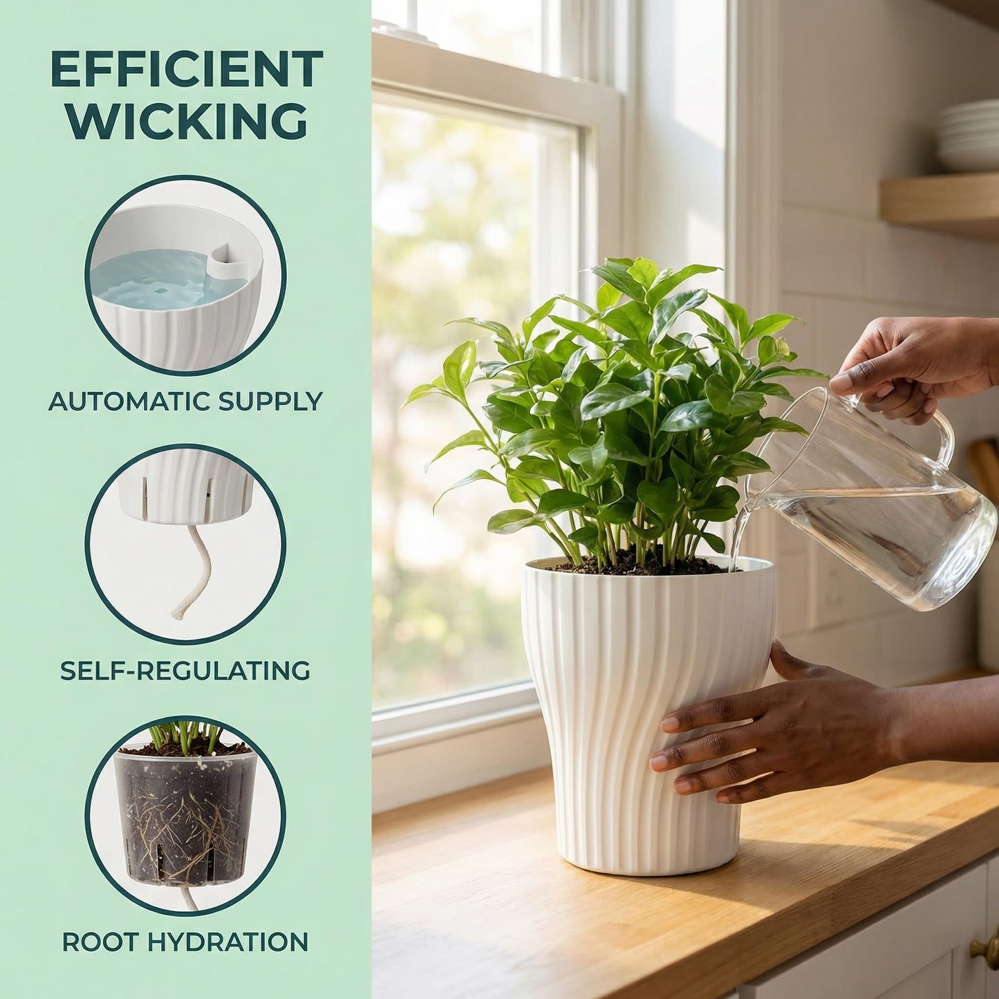 zvsgwj Self-Watering Plant Pots with Wick, Rotating Pattern Planters with Drainage & Inner Pot for Desk Living Room Bedroom Home Decor, 6.3 Inch 2-Pack in White & Clear
