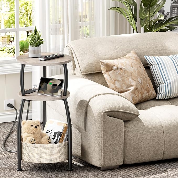 Small Side Table with Charging Station, Round End Table with Basket, USB Port