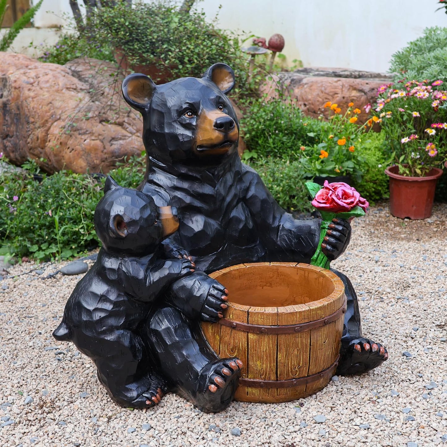 Bear and Cub Garden Planter - 21-Inch Large Resin Black Bear Statue with Flower Barrel, Rustic Wood Carved Look Flower Pot for Outdoor Porch Patio Yard Decor, Animal Sculpture Housewarming Gift