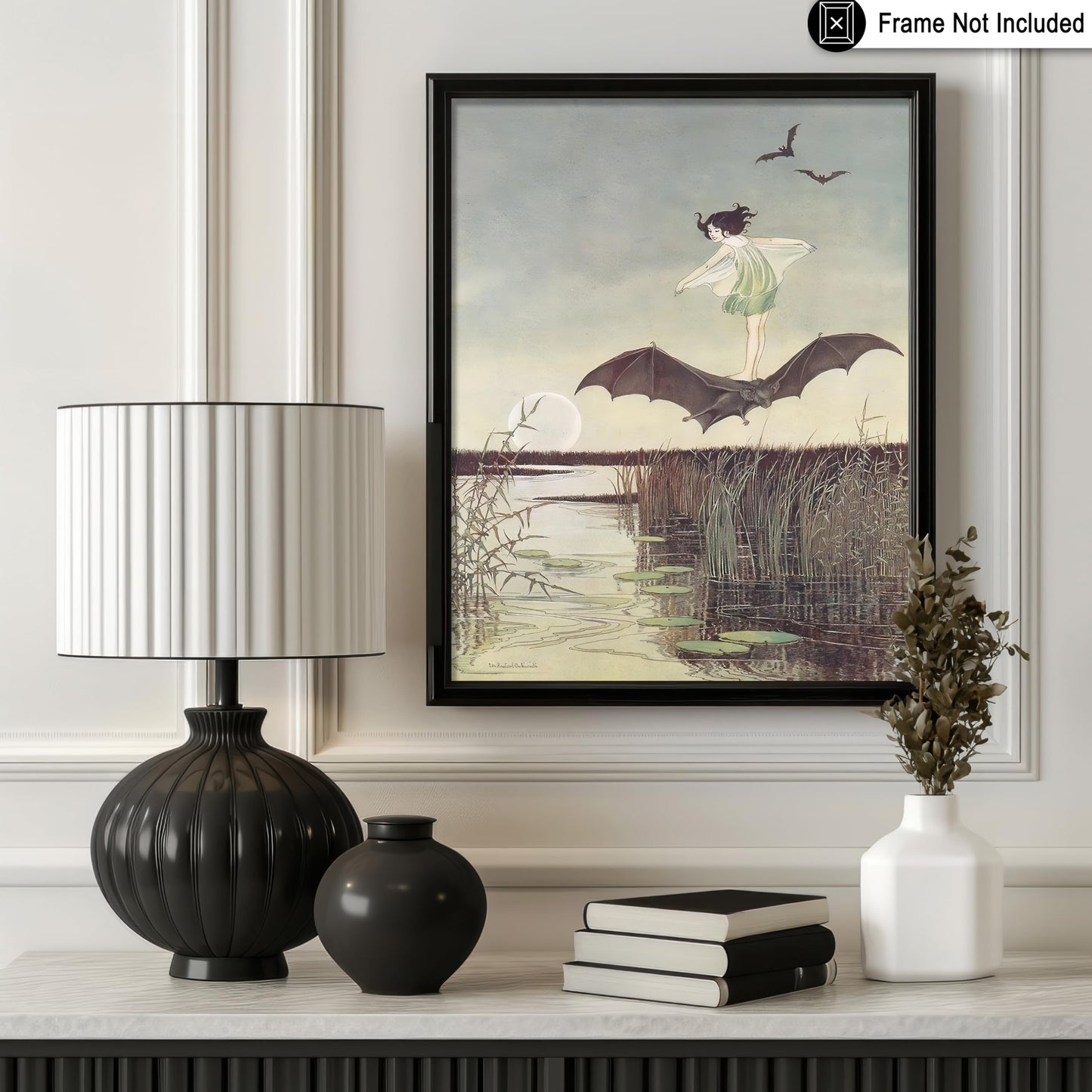 Poster Master Vintage A Winged Fairy and Black Bat Poster - Fairytale Print - Mythical Art - Fairy Art - Sunset Creative - Halloween Showcase - Aesthetic Living Room or Bedroom Display - 8x10 UNFRAMED Wall Display