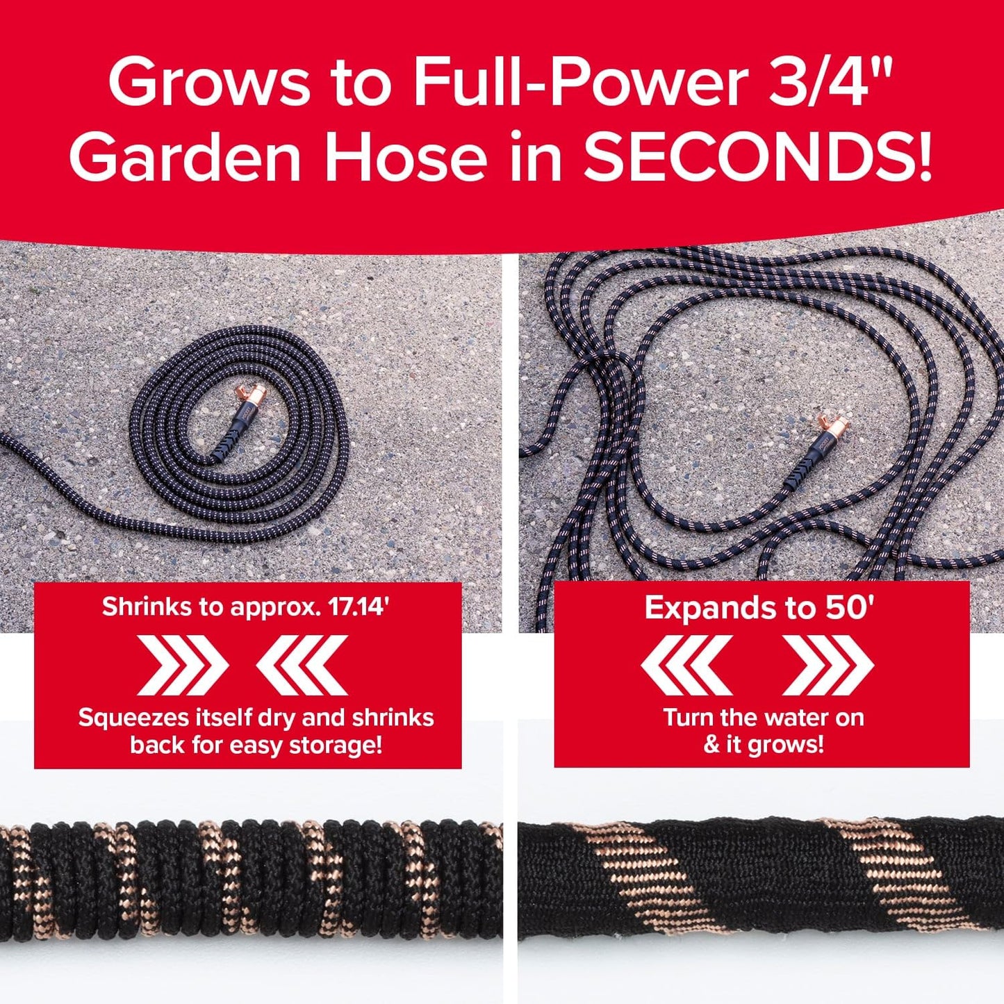 Pocket Hose 50 FT Copper Bullet Expandable Garden Hose w/10 Pattern Thumb Spray Nozzle AS SEEN ON TV 650psi 3/4 in Patented Lead-Free Ultra-Lightweight Solid Copper Anodized Aluminum