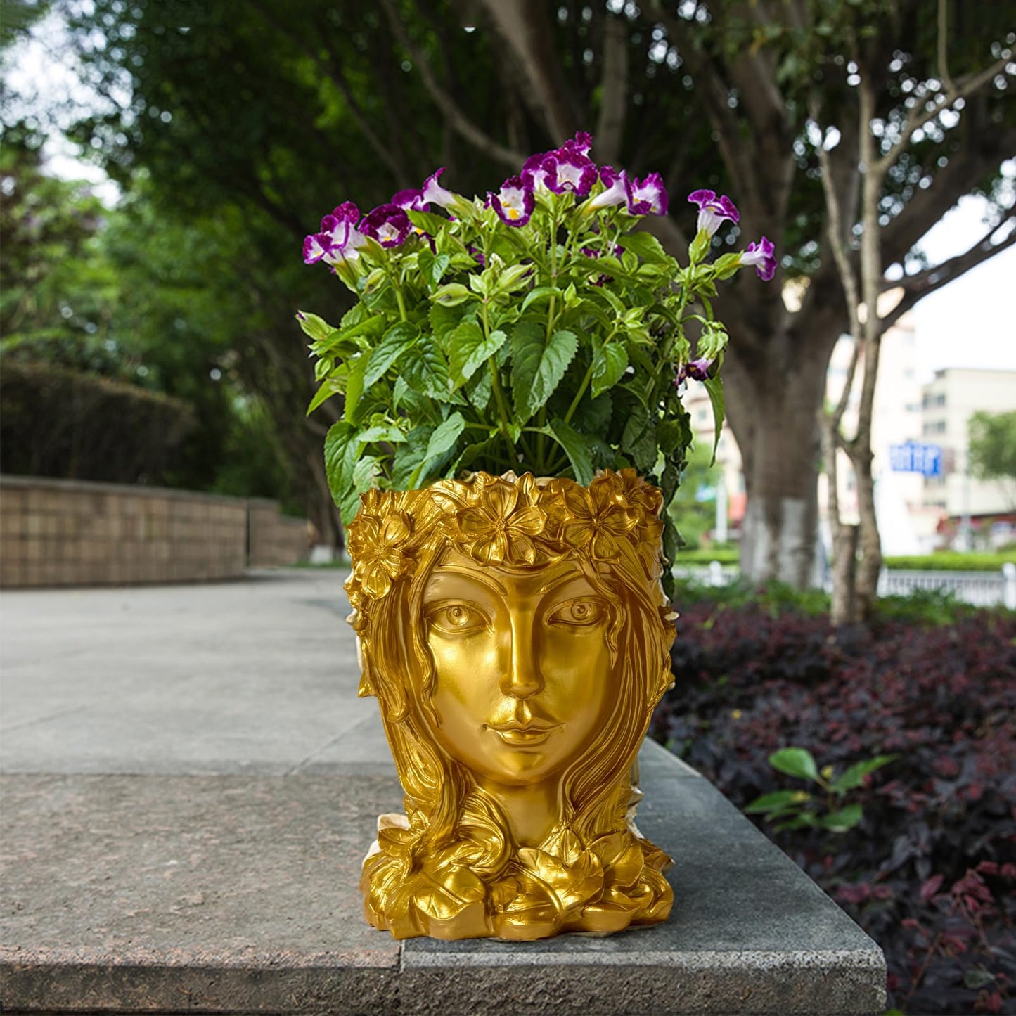 Romehaha Face Flower Pot Head Planter with Drainage Hole - Cute Resin Goddess Face Planter for Indoor & Outdoor Use (Goddess Golden, Large)