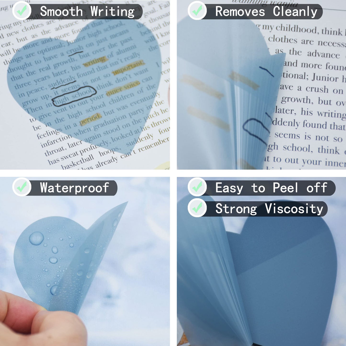 YOUDEFUL 800Pcs Transparent Sticky Notes, 2.76"x2.76" Clear Heart Sticky Notes, Waterproof Translucent Sticky Note Pads for Books Annotation, Clear Post it Notes for Bible Study, School, Office