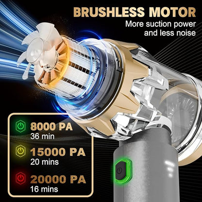 Car Vacuum Portable Cordless, 20000PA High power Vacuum Cleaner , Brushless Motor, 3-Speed Modes, 4 in 1 Compressed Air Duster, Air Blower, Pump HandHeld Vacuum for Car, Home, Office, Camping - Grey