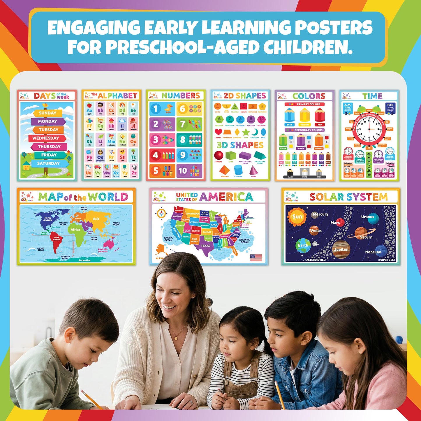 Sproutbrite 12 Pack 11" x 17" Academic Foundation - Educational Posters & Charts for Classroom - Covers Geography, the Solar System, time, Alphabet Recognition, 2D Shapes and More