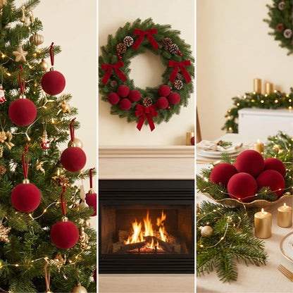 15 Pcs Red Velvet Christmas Decorations Balls, 2.65 Inch Christmas Ornaments for Xmas Tree Decor, Dark Red Flocked Ball for Family Holiday Party Valentines Hanging Decoration