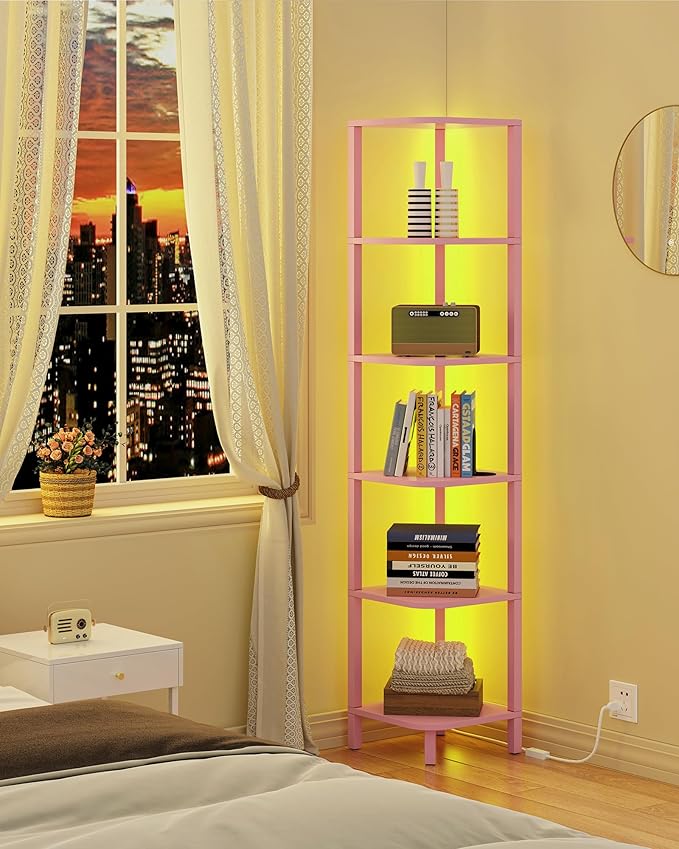 TUTOTAK Corner Shelf with LED Light, 6-Tier Corner Bookshelf