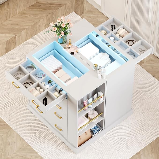 Drawer Dresser with LED Lights and Open Shelves, Modern Tall Chest of Drawers