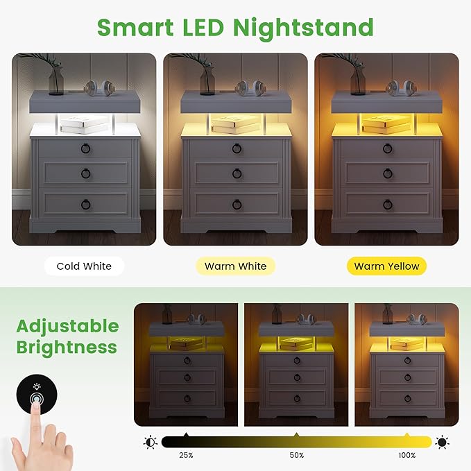 HNEBC Night Stand with Gun Drawers, Farmhouse Nightstand with Charging Station