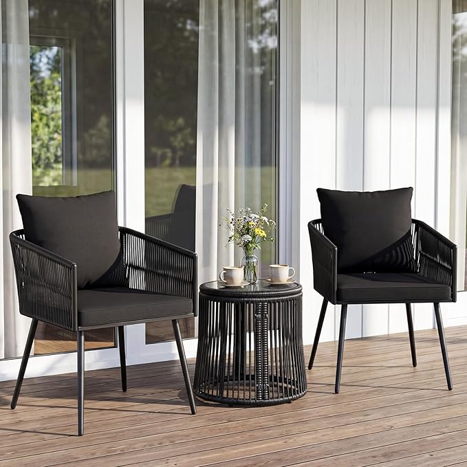 Tangkula 3 Pieces Patio Rattan Bistro Conversation Set, Outdoor All-Weather