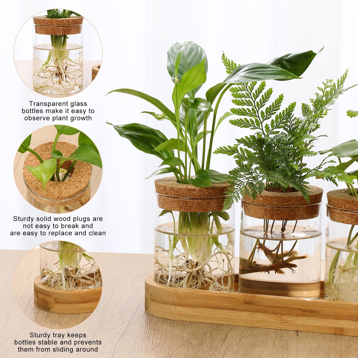 onepeng 3Pcs Propagation Stations, Plant Terrarium with Lid and Wooden Stand,Desktop Glass Planter Hydroponics Vase,Home Office Living Room Decor Gifts