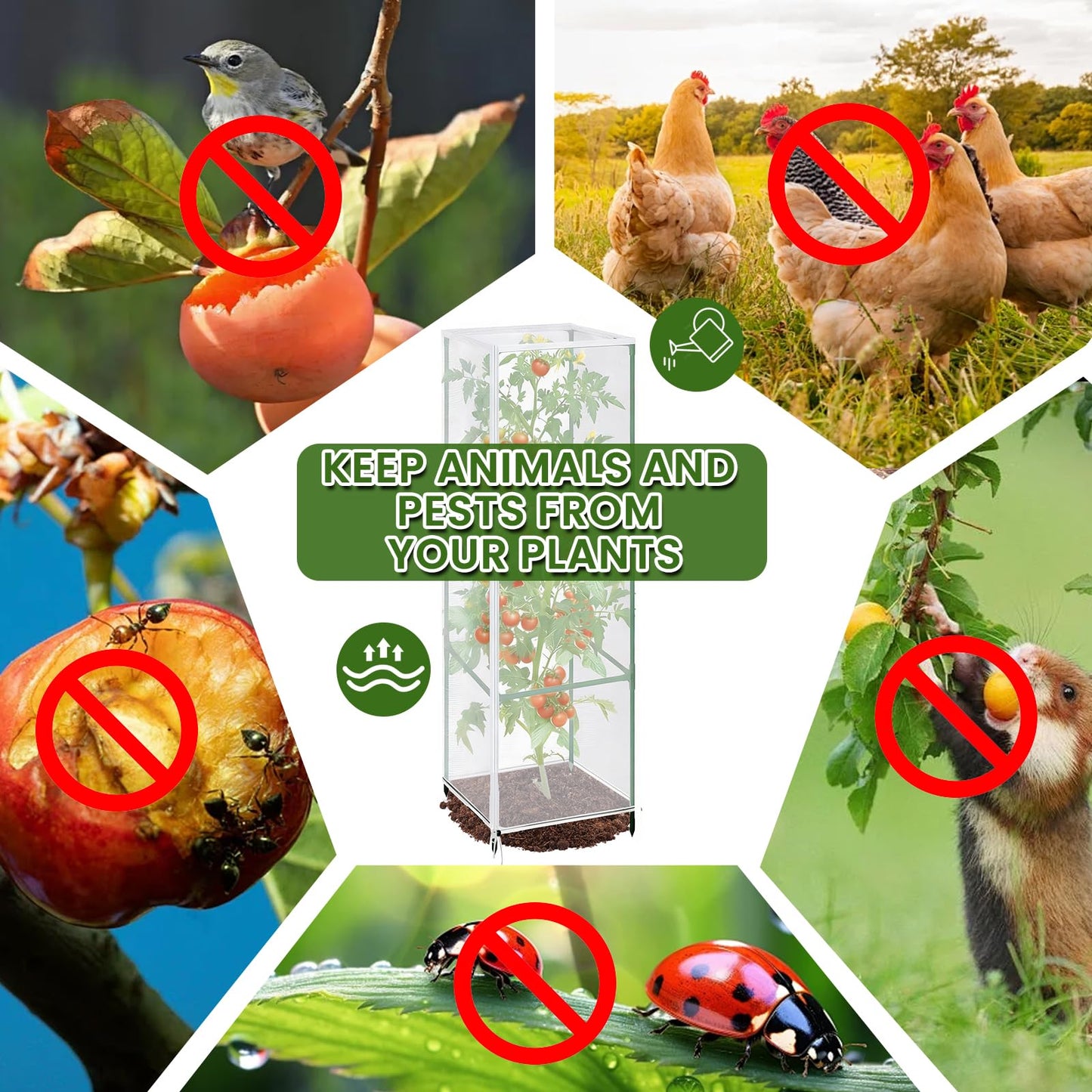 3 Pcs Garden Bird Net Cover for Square Tomato Cage, 59"x17.7" Insect Bird Barrier Tomato Cage Net with Zipper & Drawstring, Tomato Netting Protection Cover for Protecting,Cucumber from Birds, Insects