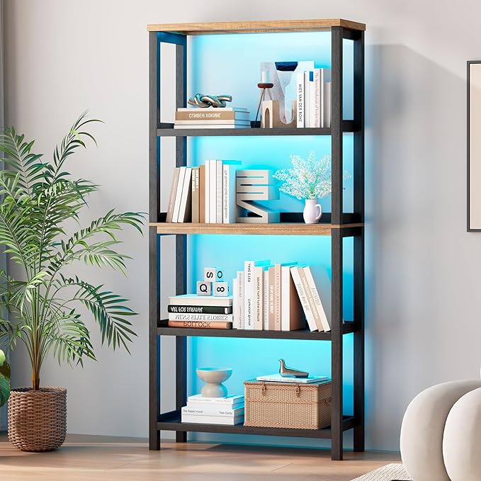 Vlsrka Wooden Bookshelf with Lights, 5 Tier Bookshelf with Storage, Tall