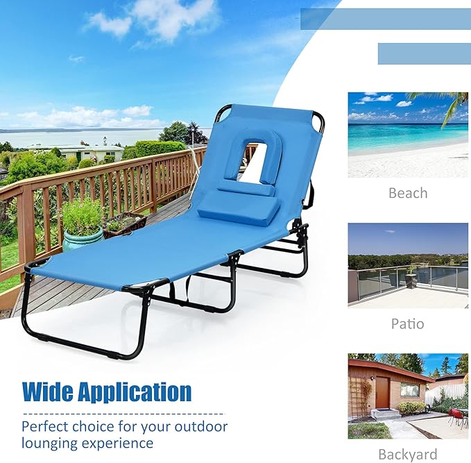 Folding Beach Lounge Chair w/ 5 Adjutable Backrest & Padded Pillow, Sunbathing