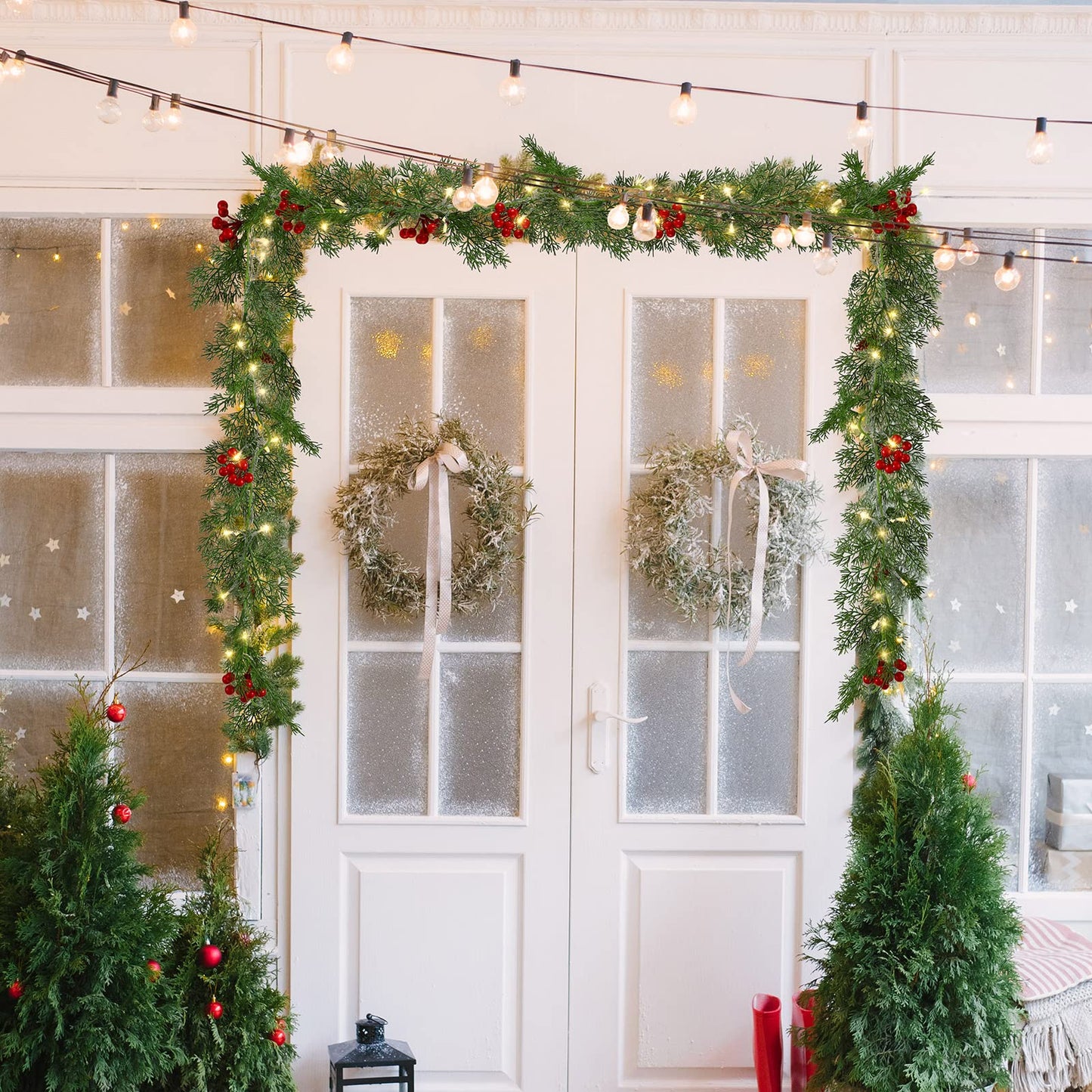 Spiareal 1 Pcs 5.74 ft Christmas Garland with Light Christmas Lighted Pine Garland Prelit Battery Operated Cedar Pine Cone Red Berry Greenery for Mantle Fireplace Decor