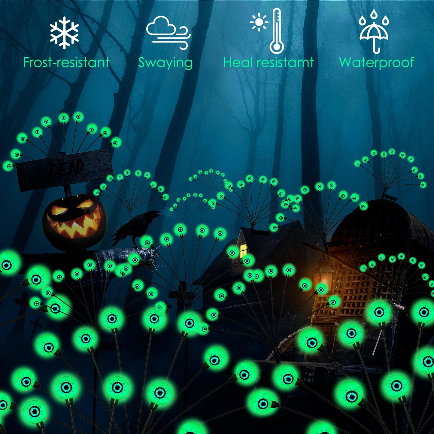 Halloween Decorations, 4 Pack 40LED Solar Halloween Lights Outdoor Scary Eyeball Waterproof Halloween Solar Garden Lights Swaying Firefly Lights for Yard Garden Patio Party Decor Green