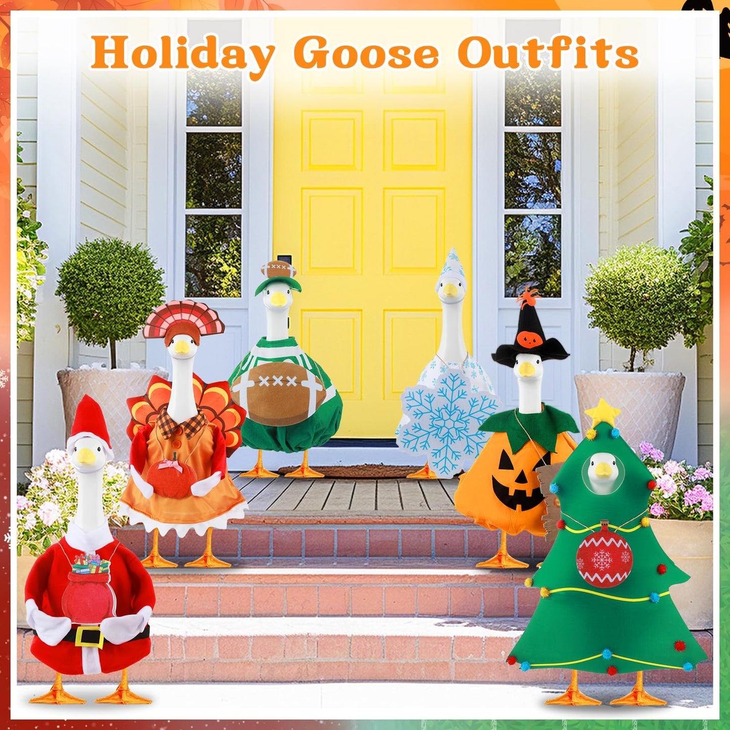 6 Set Seasonal Holiday Porch Goose Outfits Hanging Decor All Seasons Winter Christmas Football Goose Costume Fit for 23" Geese Statue Thanksgiving Halloween Outdoor Yard Garden Patio Lawn Art Decor