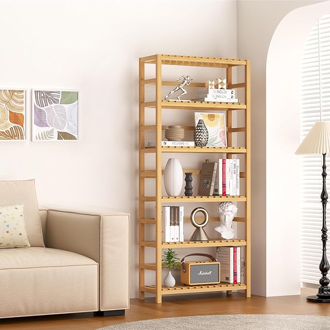 VASMIA 6-Tier Bamboo Shelf, Bamboo Storage Shelving Unit, Tall Bookcase