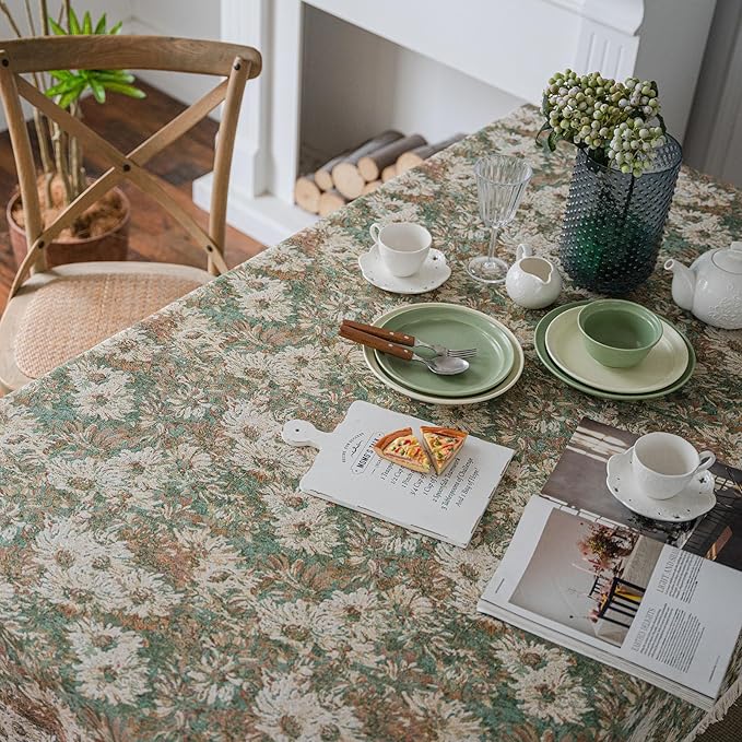 Aesthetic Green and Beige Floral Table Cloth, Linen Texture Table Cloth
