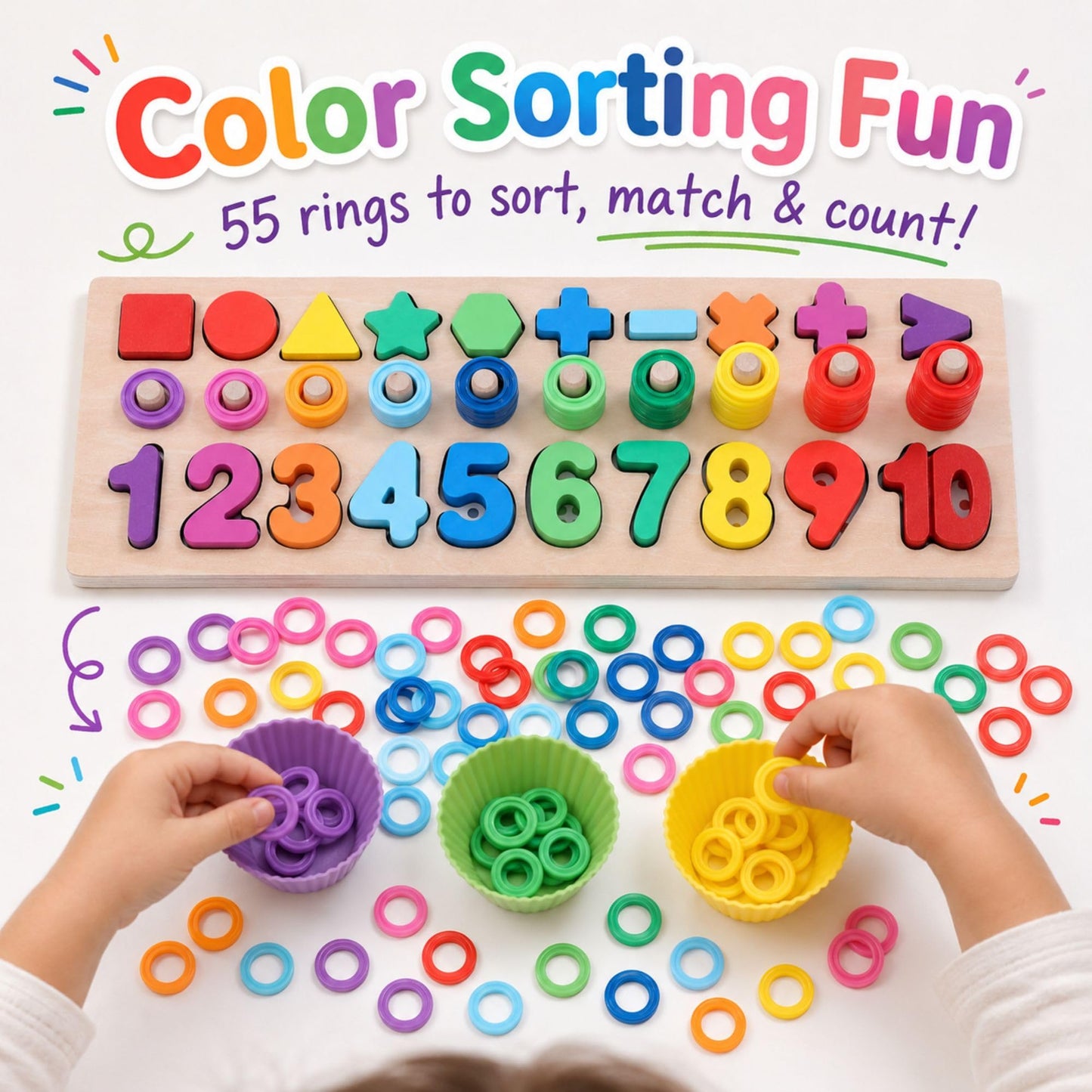 GeroCrew Wooden Montessori Toys for Kids Toddler Number Puzzles Sorter Counting Shape Stacker Stacking Game Preschool Toys for Boy Girl Learning Education Math Blocks Year Old Girl Gifts (Rainbow)