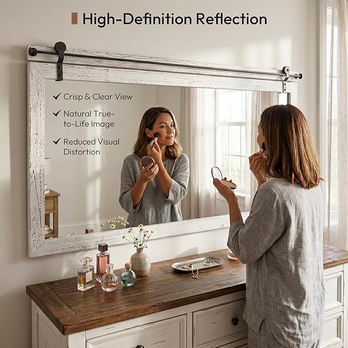 27"x49" Large Whitewashed Barn Door Wall Mirror, Horizontal Solid Wood Framed
