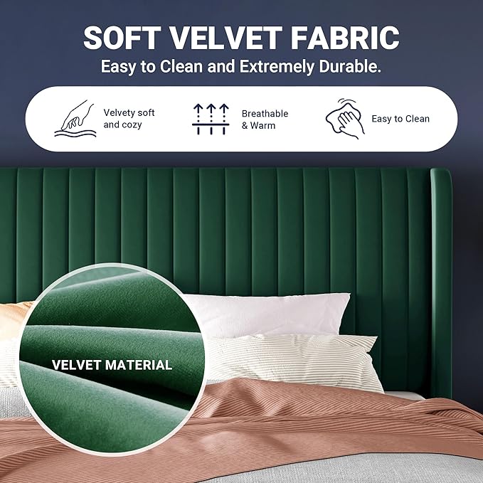 Allewie King Size Bed Frame/Velvet Upholstered Platform Bed/Vertical Channel