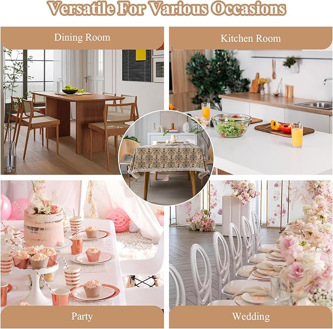 VClife Beige Floral Print Table Cloth, Linen Texture Tablecloth
