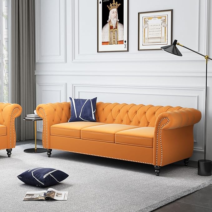 ORRD 2 Piece Living Room Set, Velvet Chesterfield Sofa Couch Chair