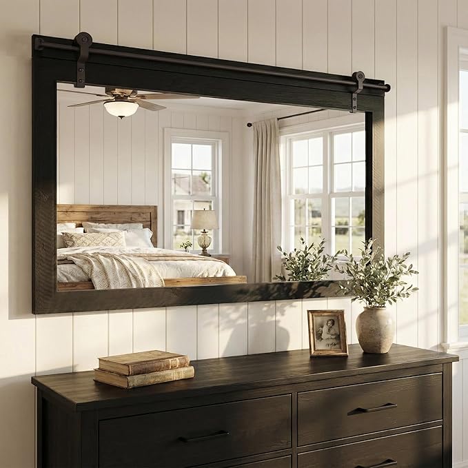 27"x49" Large Black Barn Door Mirror, Solid Wood Framed Accent Wall Mirror
