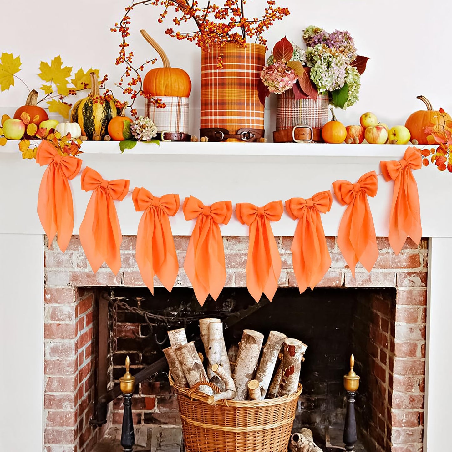 Orange Fall Bow Garland, Autumn Chiffon Bows Garland Thanksgiving Pumpkin Bow Banner Fall Decor for Mantle Fireplace Decor, Home Office Thanksgiving Halloween Harvest Decorations