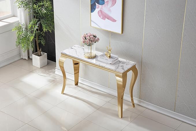 Henf 47" Marble Console Table Entryway Table Modern White Faux Marble Accent