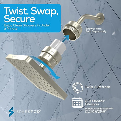 SparkPod 23-Stage Filtered Shower Head, 8" Square, Brushed Nickel | Filtered Shower Head for Hard Water Filter, High Pressure, Reduces Chlorine, Heavy Metals, For Dry Skin & Hair
