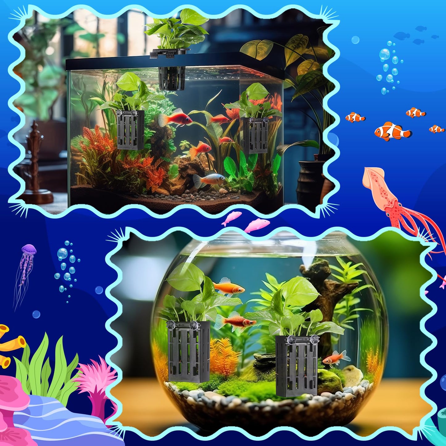 Chunful 6 Set Upgraded Large Aquarium Plant Holder Contain 6 Hanging Aquatic Pot with 36 Hooks and 12 Aquatic Planter Suction Cups for Fish Tank Aquarium Cultivation and Aquascape Decorations