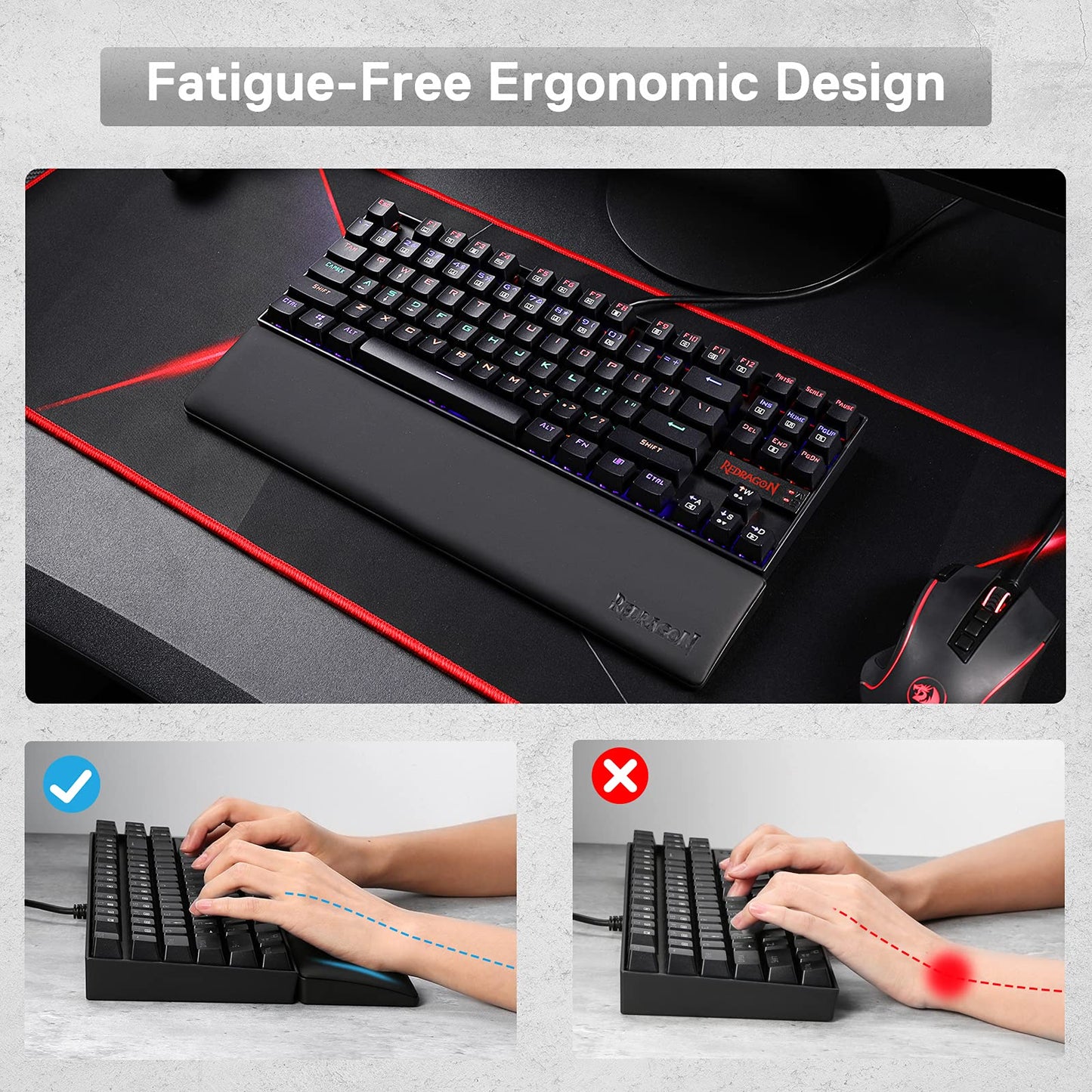 Redragon P036 Meteor M Computer Keyboard Wrist Rest Pad, Ergonomic Soft Memory Foam Wrist Support w/Anti-Slip Rubber Base, 80% 87 Keys TKL Size 14.13 x 2.87 in, 0.78 inch (20mm) Height, Black