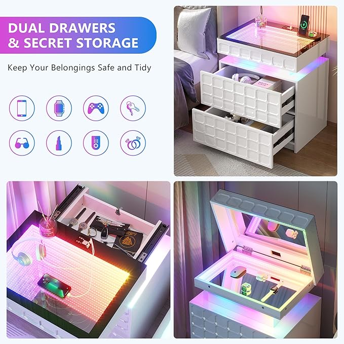 Night Stand with Charging Station and Smart RGB Lights, LED Nightstand with